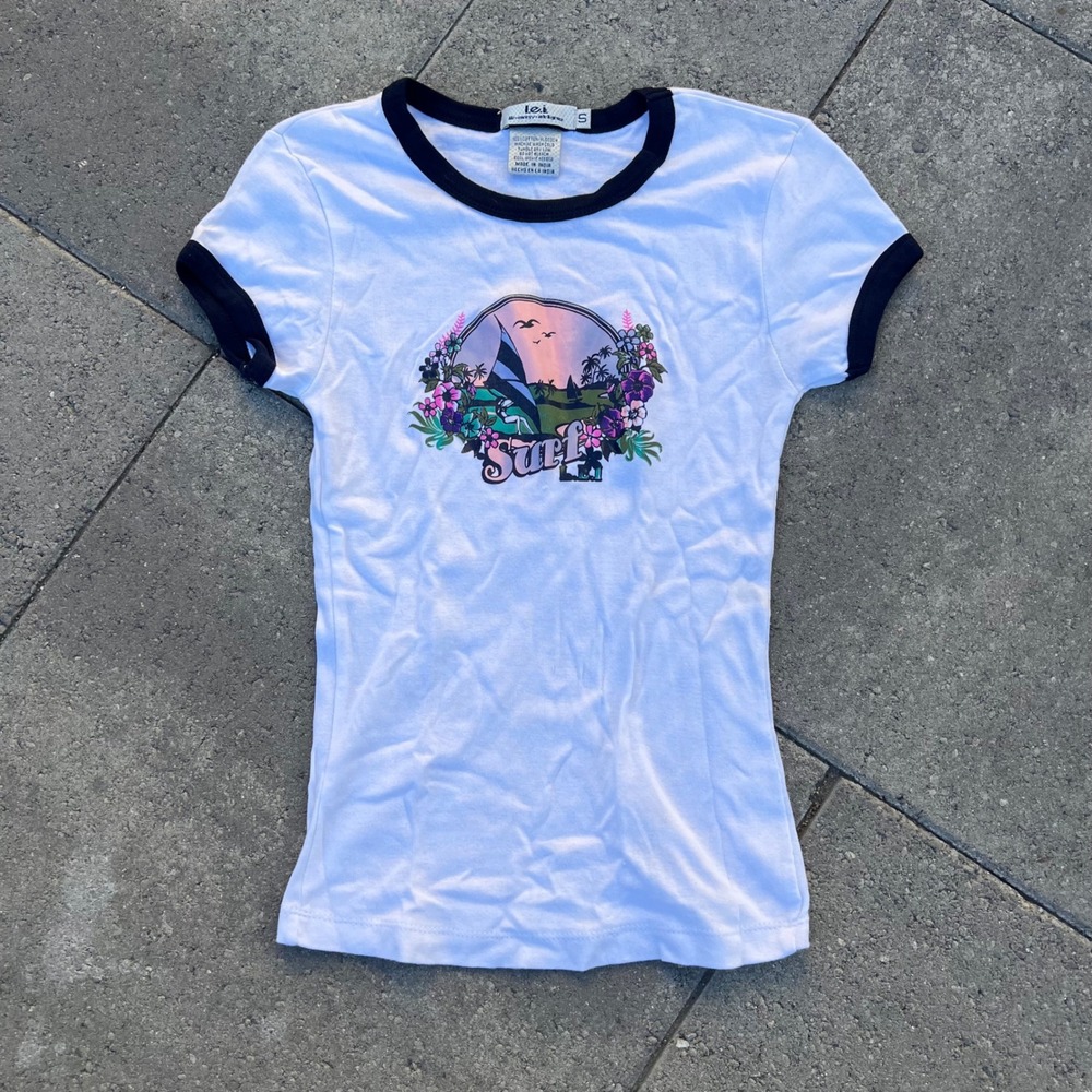 lei Vintage Y2K Ringer T-Shirt White Blue Surf Graphic Tee Small